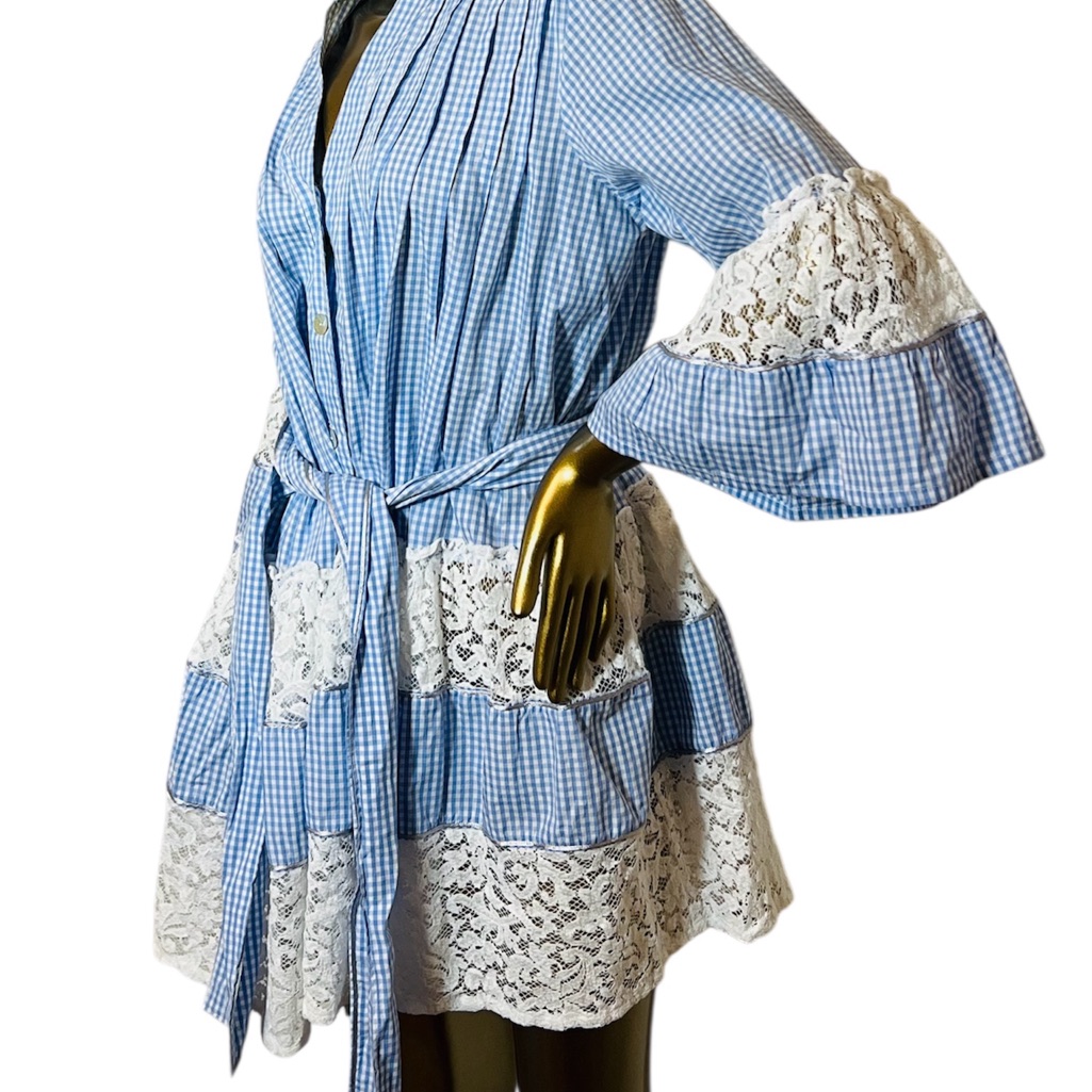 Queen Moda Italy Blue Gingham Mini Dress With Lace Ruffle Accents Size Small